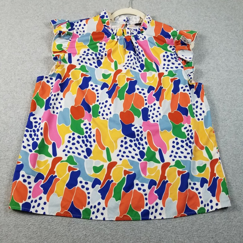 Emery Rose Blouse Women XL Extra Large Abstract Ruffle Sleeve Mock Neck Colorful